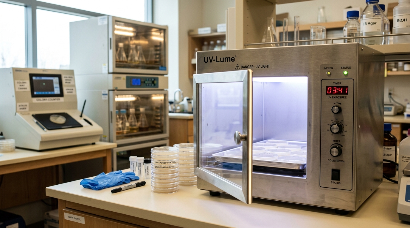 A UV-crosslinker chamber door caught ajar mid-dose over a tray of culture plates, its timer display mid-countdown, used as a control for induced mutation