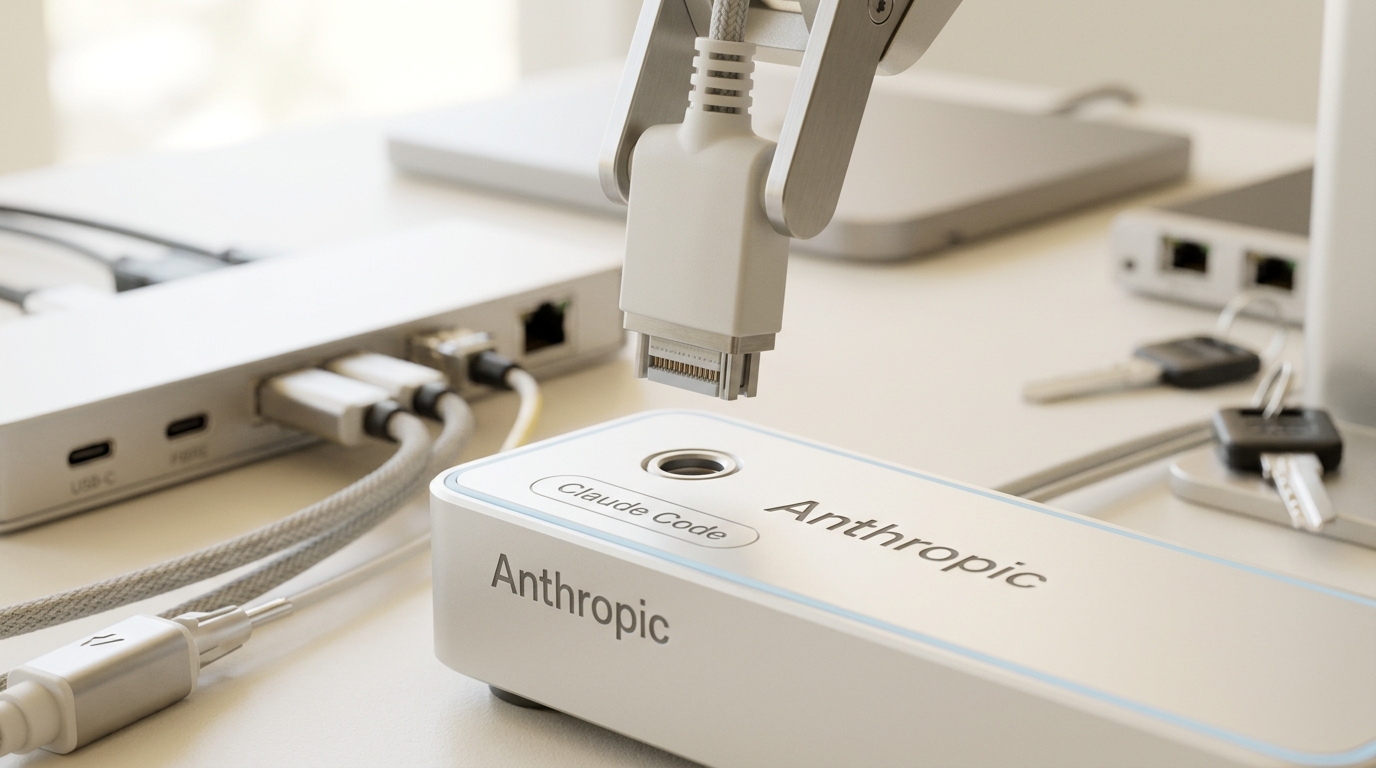 An Anthropic Claude Code workstation beside a test appliance with one diagnostic lead still hovering above its port