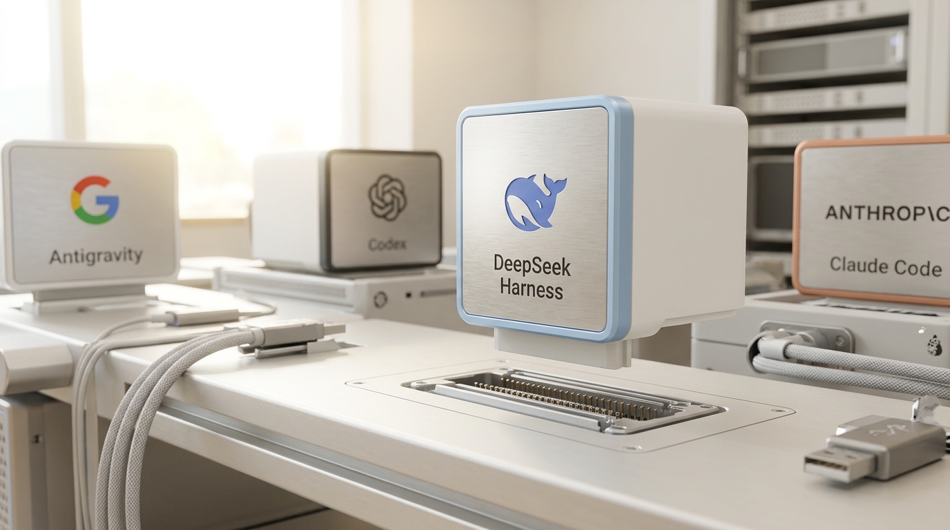A DeepSeek Harness workstation with a modular tool cartridge caught just before it enters a small runtime rack