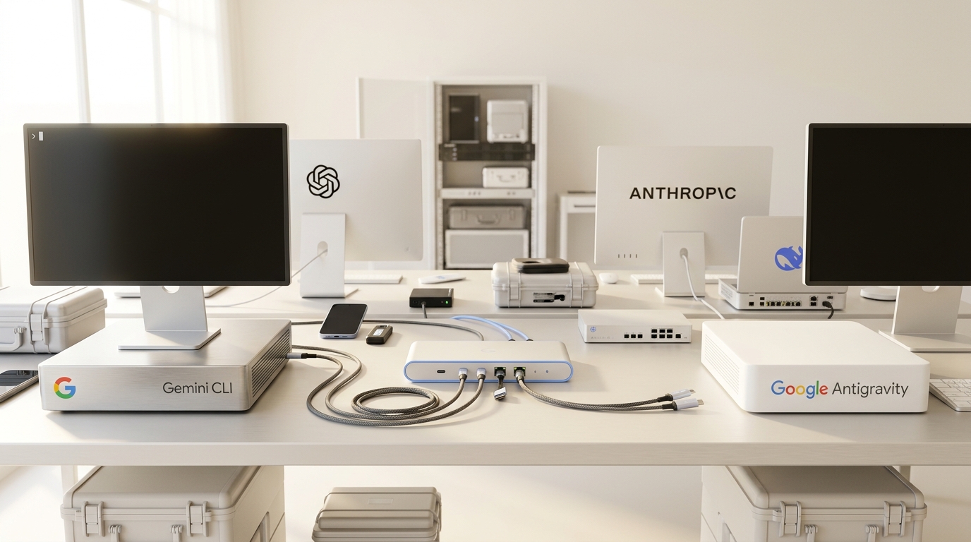 A Google Antigravity workstation beside a legacy Gemini CLI equipment case, with a USB-C dock still half moved between the two systems
