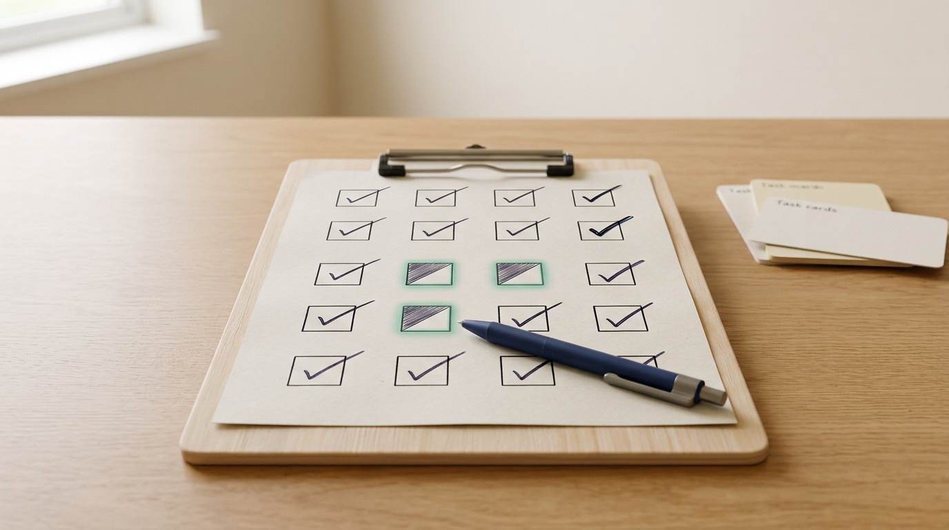 A clipboard checklist on a desk with roughly two dozen small boxes, most fully checked, several left half-shaded rather than fully marked, a pen resting at an angle as if just set down mid-tally