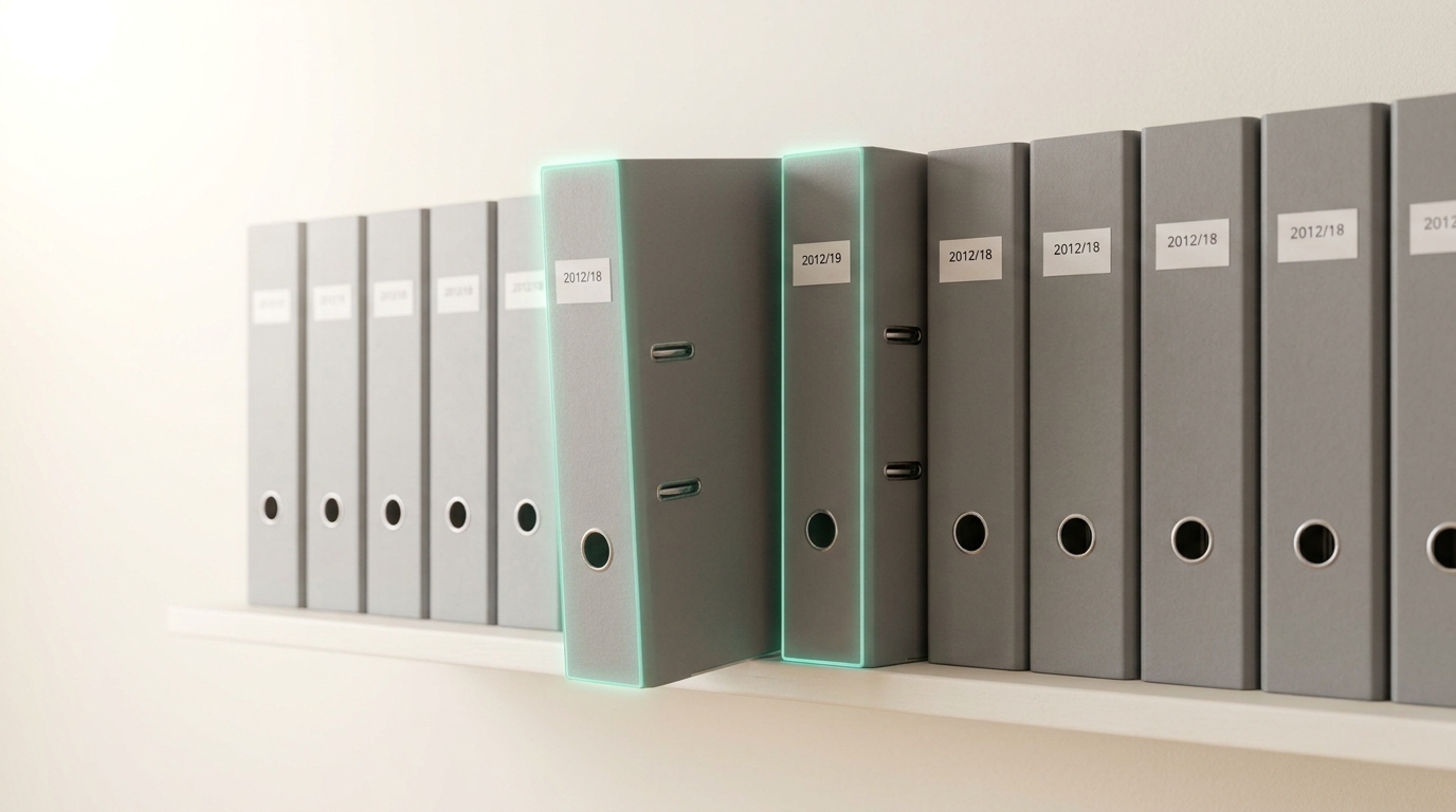 A shelf of identical ring-binders labelled by date, one older binder partway pulled out while a newer-dated binder is partway slid into the adjacent slot