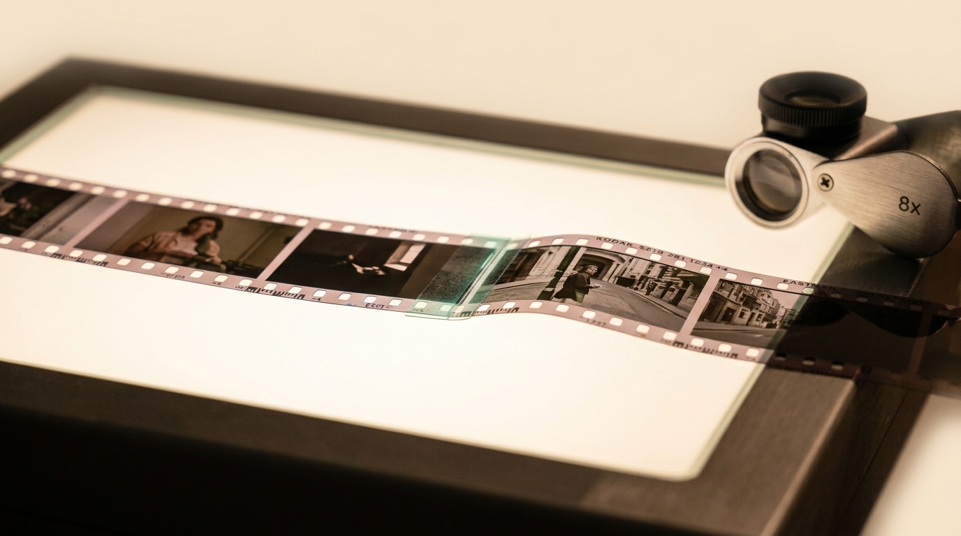A length of demonstration-reel film laid across an illuminated light table with a visible splice mark partway along it, a loupe resting nearby