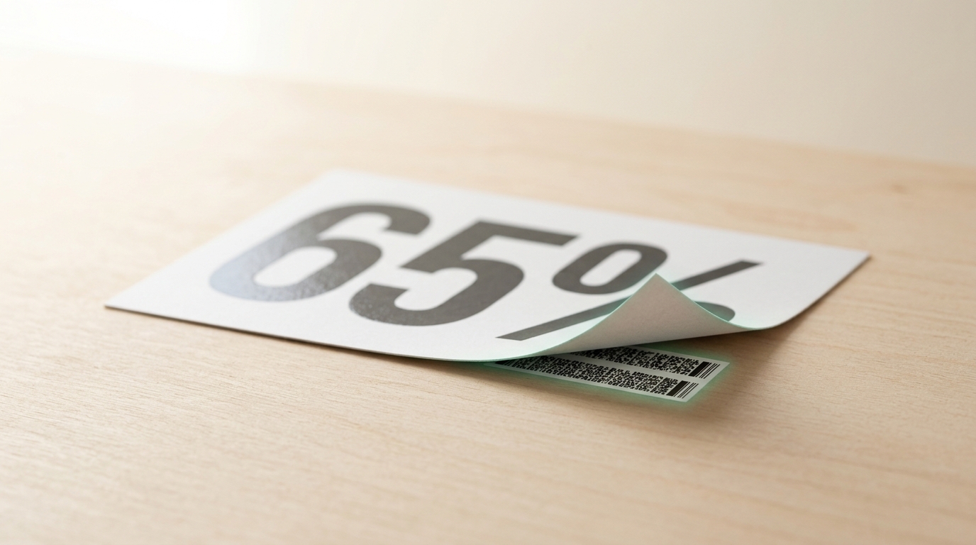 A single task card with a large printed score number on its face, its bottom corner lifted to reveal dense small print underneath that the flat face does not show