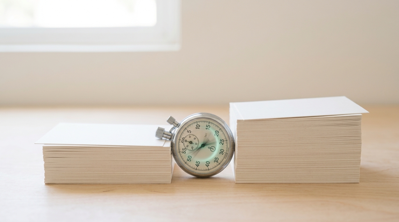 Two stacks of index-sized task cards side by side, one visibly thicker than the other, a small mechanical stopwatch resting between them with its button mid-press