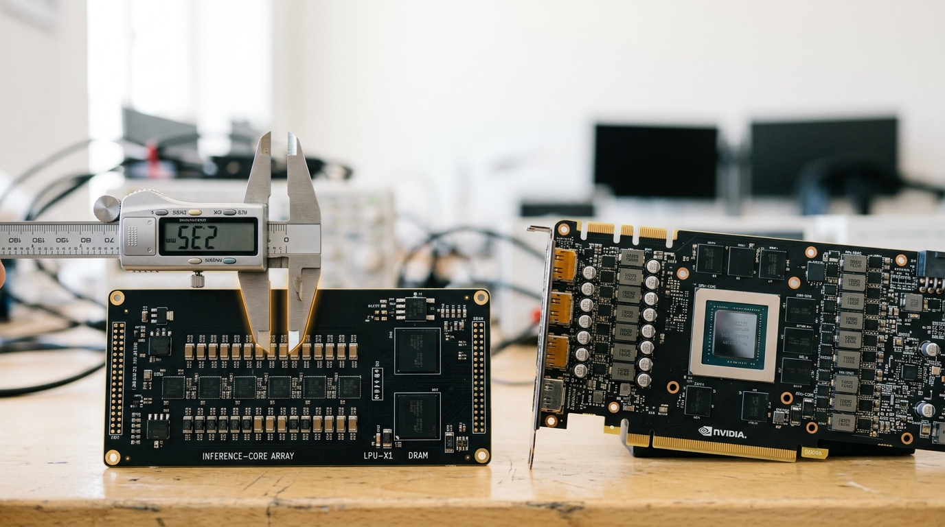 A purpose-built inference board on a bright bench beside a general-purpose GPU card, the inference board visibly simpler and more regular in its component layout, a caliper caught comparing their component density