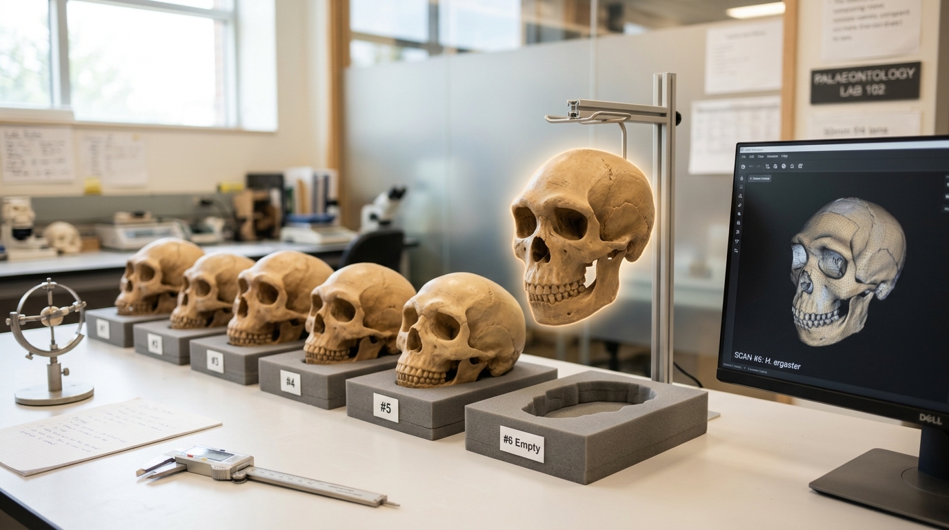 Resin-cast hominin crania arranged on foam cradles along a comparison bench, one cast still being lowered into an empty cradle beside a monitor showing its 3D scan