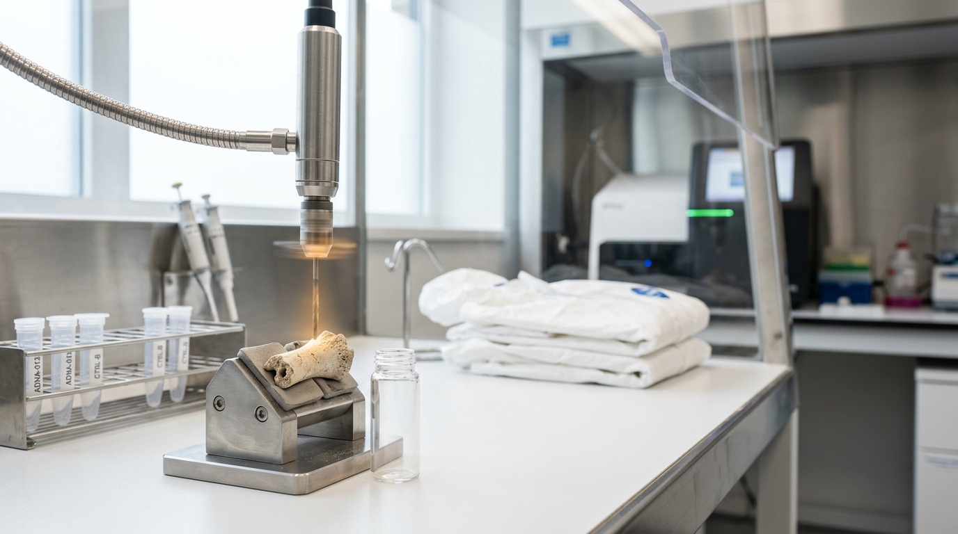 A bone-powder sampling rig in an ancient-DNA clean lab, a drill bit caught mid-descent into a clamped fossil fragment above a sterile collection vial