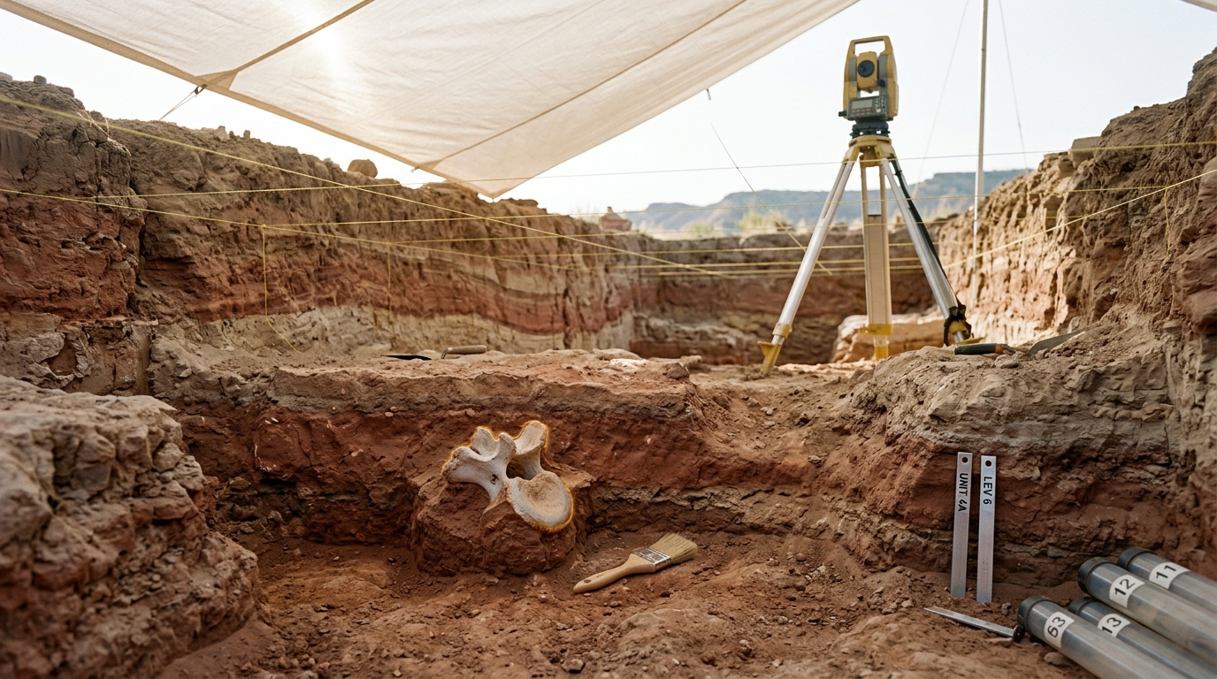 An open excavation trench under a shade canopy, a partially exposed fossil fragment still in situ beneath a section-drawing string grid, a total station aimed at it from the trench edge