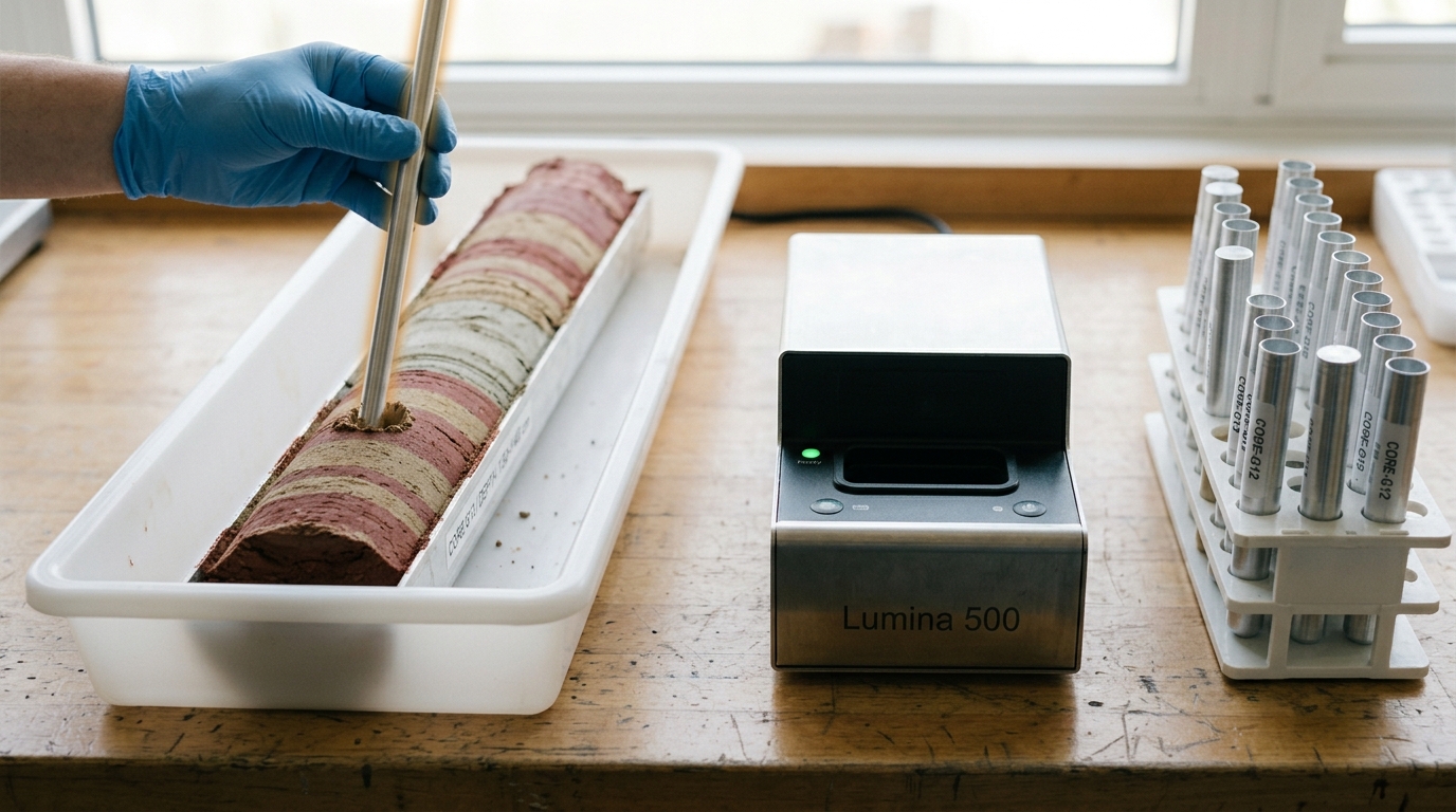 A split sediment core on a lab tray beside a portable luminescence dating instrument, a sample tube caught being drawn from one layer