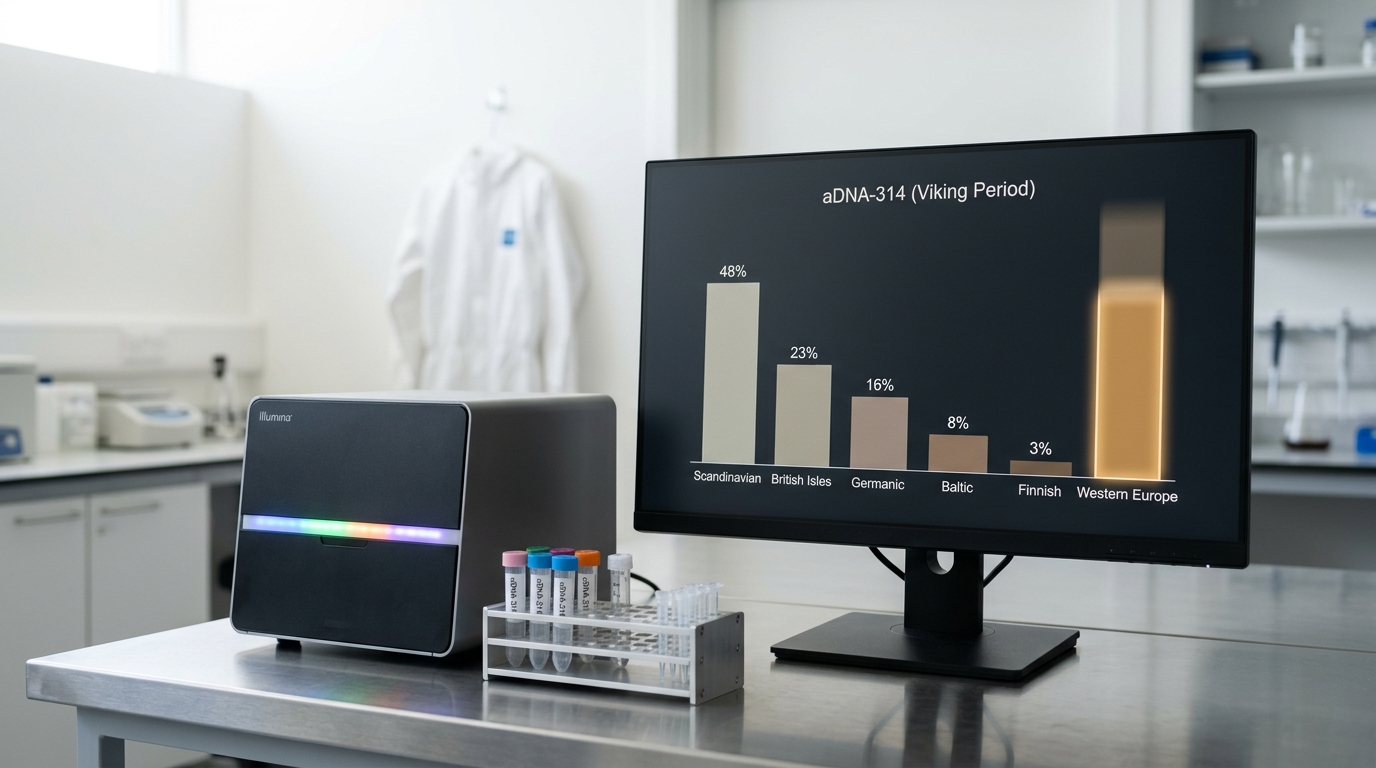 A desktop ancient-DNA sequencer beside a monitor showing overlapping ancestry-proportion bars, one bar still animating partway to its final height