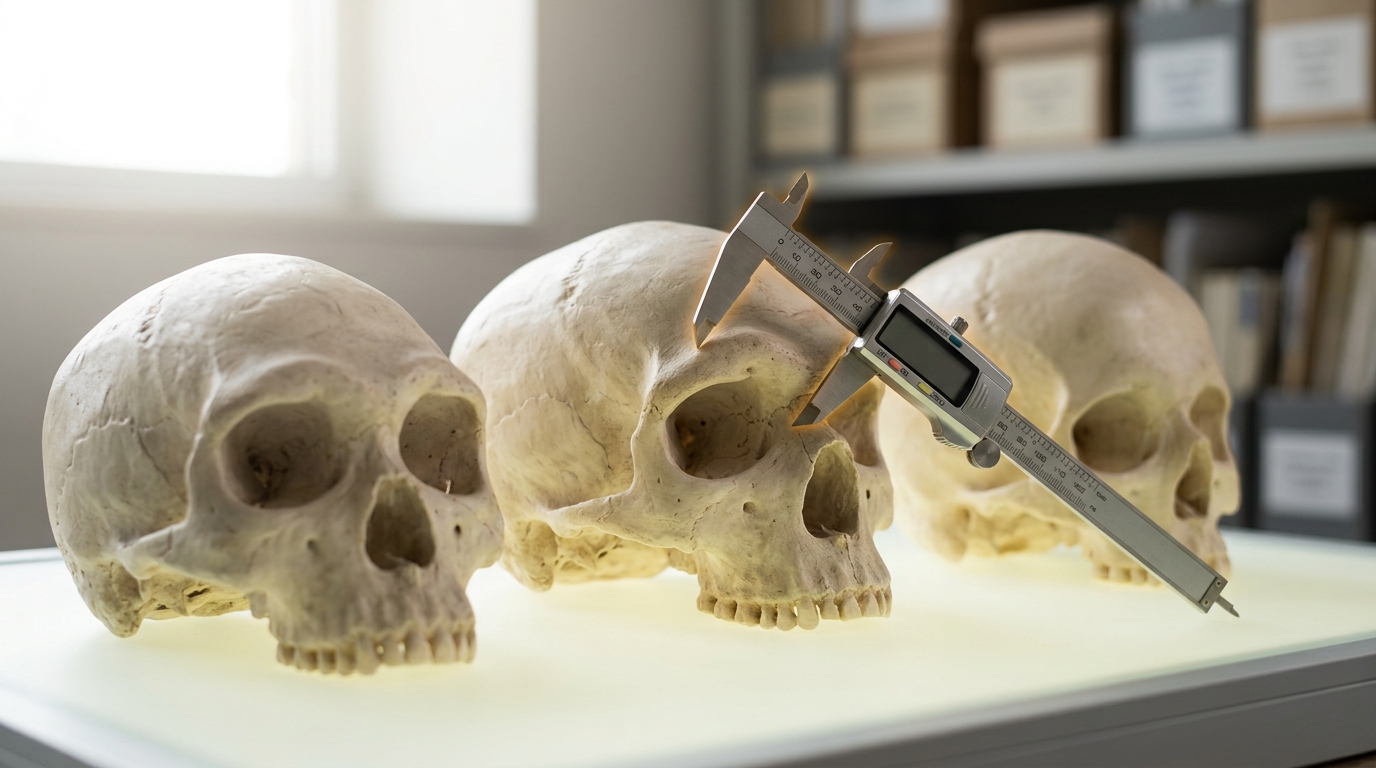 Three hominin cranium casts arranged on a lightbox table for comparative measurement, calipers mid-adjustment on one specimen.