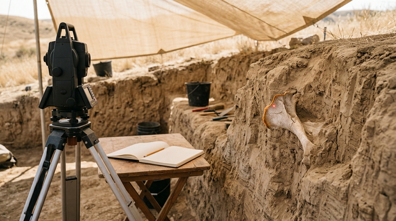 An open excavation trench under a shade tarp, a total-station survey instrument aimed at a partly exposed bone, a field notebook open but blank on the page.