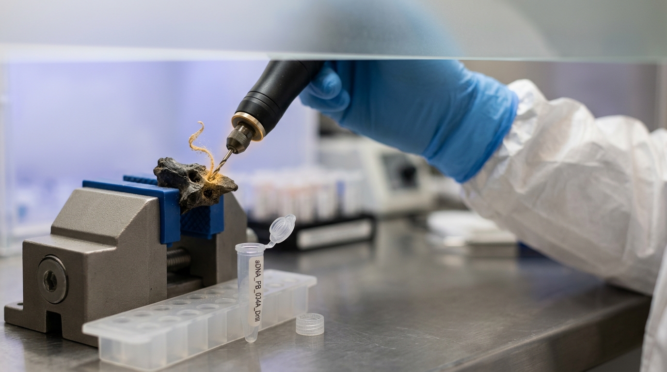 A gloved-glovebox ancient-DNA clean lab with a micro-drill poised over a fossil petrous bone fragment, sample tube open and waiting.