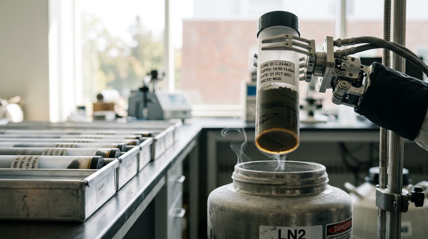 A sediment core tray with a labeled permafrost segment being lifted toward a liquid-nitrogen dewar, condensation just beginning to form.