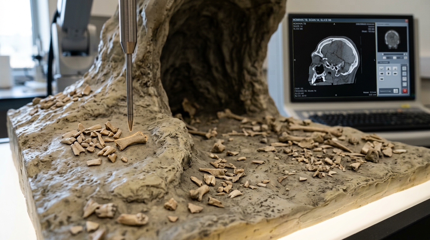 A resin cast of a narrow cave chamber floor with scattered small bones, photographed on a lightbox beside a CT scanner console.