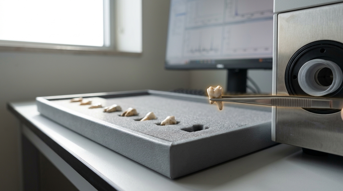 A curation tray of ancient hominin teeth laid on foam under raking light, one tooth lifted by forceps toward a mass spectrometer inlet.