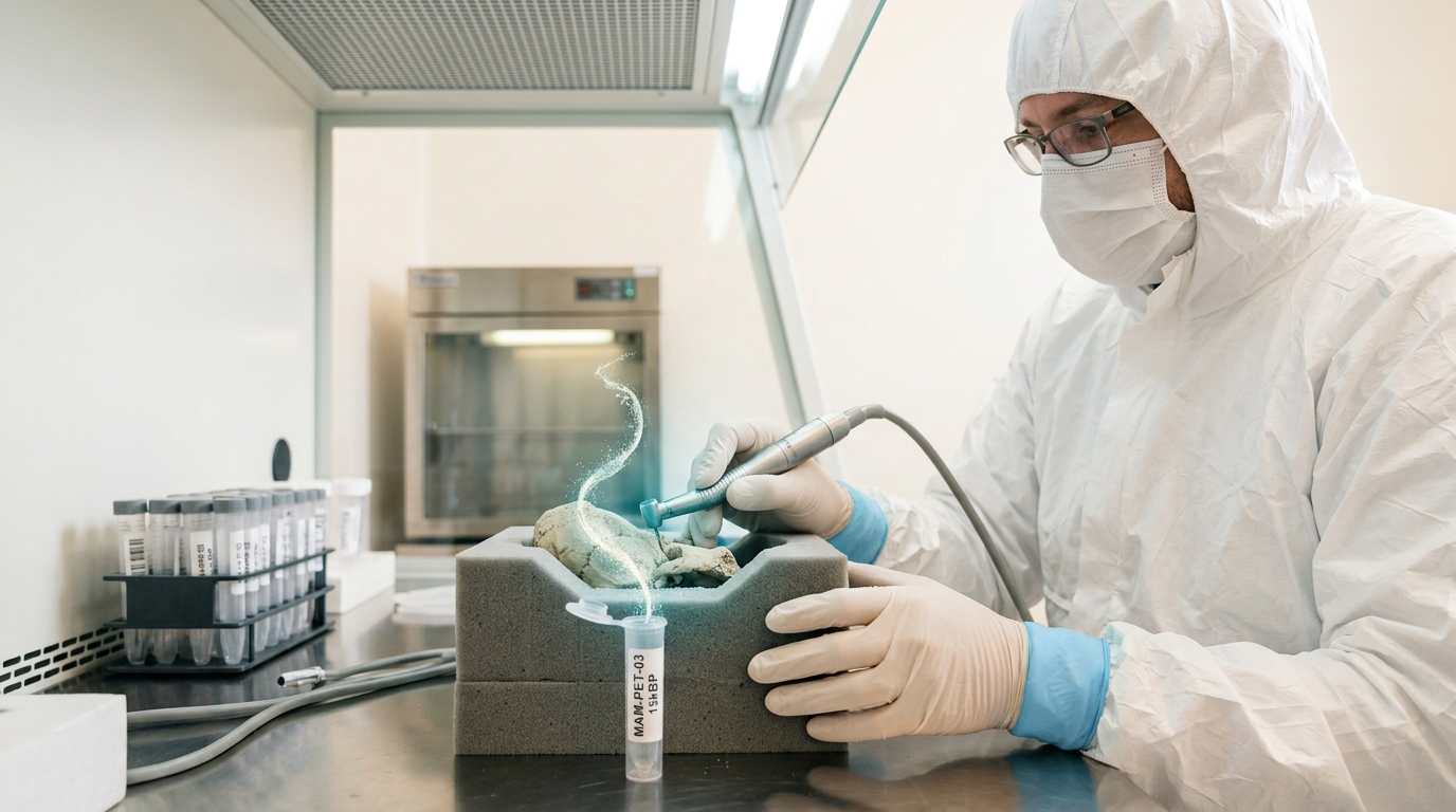 A researcher in white cleanroom coveralls under a laminar flow hood, drilling a pale powder sample from a fossil petrous bone held in a padded cradle, with sealed sample tubes waiting on a tray