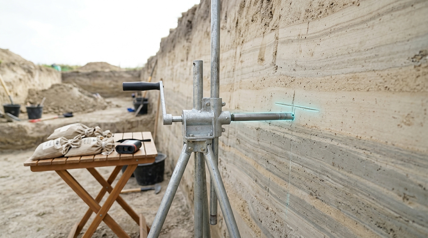 A field coring rig sunk partway into a cleaned stratigraphic section wall at an excavation trench, with sample bags laid out along a folding table