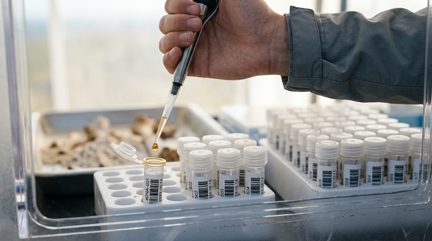 A rack of small PCR strip tubes with a pipette mid-dispense, a benchtop thermal cycler open behind, on a bright lab bench