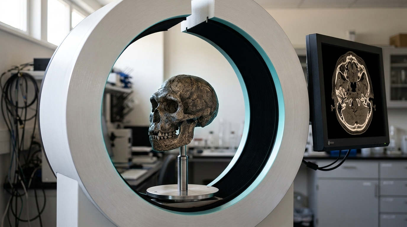 A fossil cranium cradled on a rotating stage inside an open micro-CT gantry, a cross-sectional slice glowing on a monitor beside it