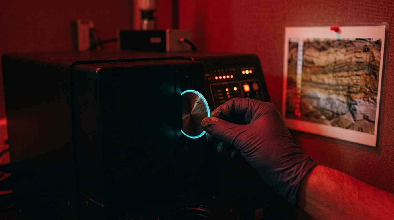 A sediment sample tube being loaded into a luminescence dating reader in a red-safelit anteroom, with a stratigraphic section photograph pinned nearby