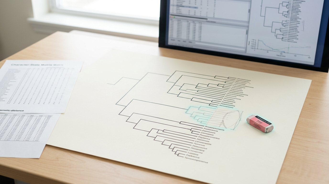 A desk with a printed character-state matrix, a genetic distance printout, and a partially sketched phylogenetic tree with one branch still in pencil