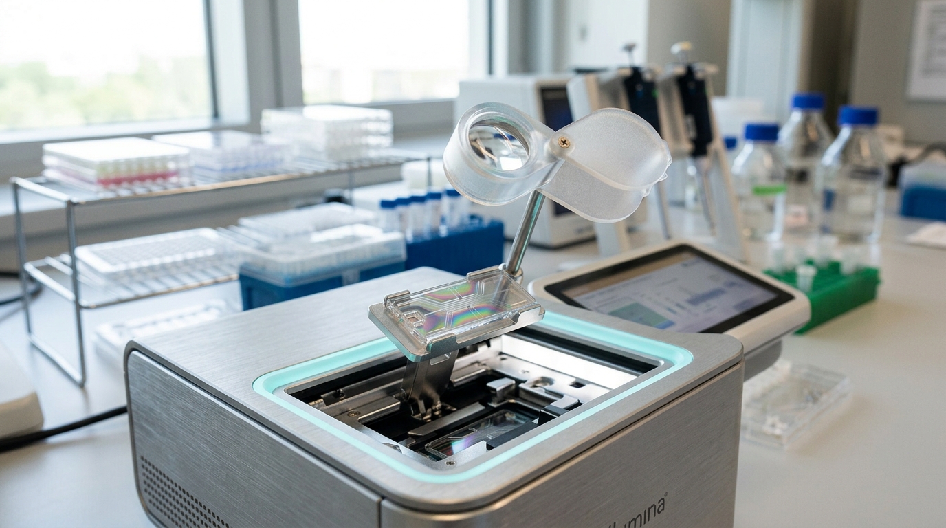 A small glass sequencing flow cell held under a jeweler's loupe beside an open benchtop sequencer with its loading bay lit