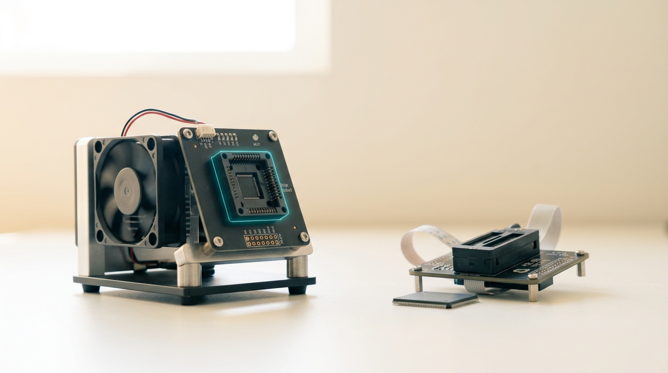 A bench chip programmer with its ZIF socket lever half raised, a precision calibration reference source cabled alongside it with its output dial caught mid-turn