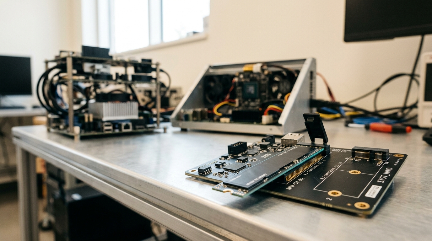 A small NPU carrier board receiving a storage module caught mid-insertion into its edge slot, an empty slot beside it and a training sled visible further back
