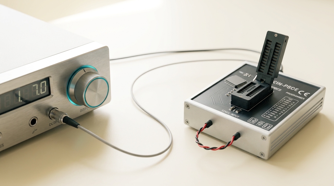 A one-shot chip programmer standing idle beside a small closed-loop training sled with its cooling fan caught mid-spin and a socket open on its carrier