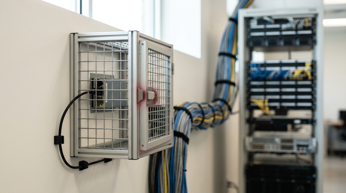 A small wire-mesh cage bay on a lab wall holding one module and fed by its own thin dedicated cable run, set beside a thick shared trunk of cabling that continues on to a distant equipment rack, the cage door caught mid-latch