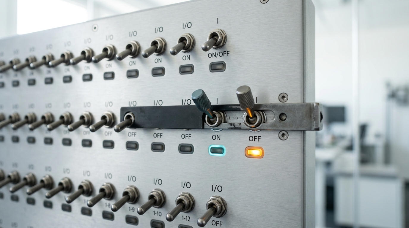 A steel interlock bar mounted above a relay panel, caught mid-drop toward its slotted receiver, with the relay's contacts visibly still open beneath it