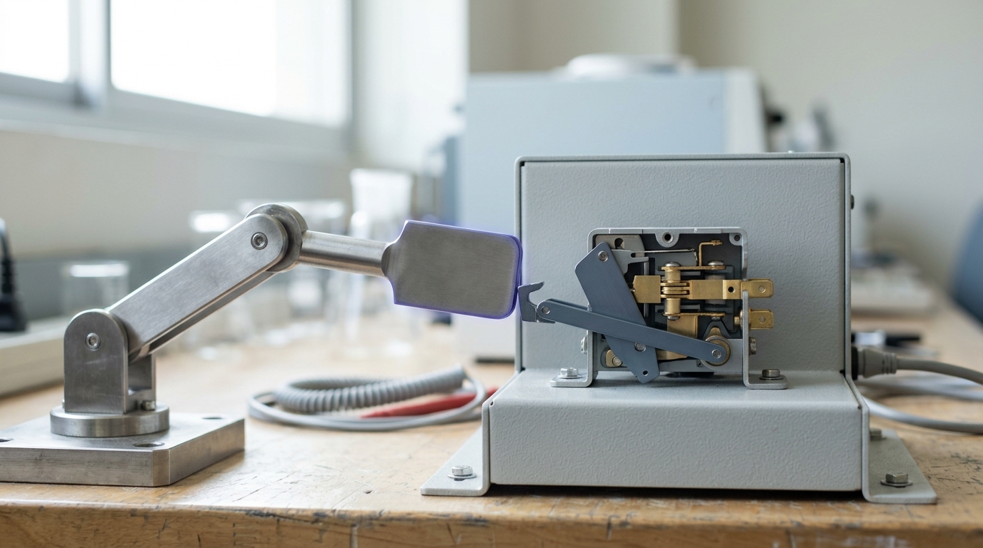 A sealed isolation test cell on a lab bench with a small mechanical manipulator arm inside reaching toward a running module, the cell's internal recirculating vent grille visible and no duct leading outward