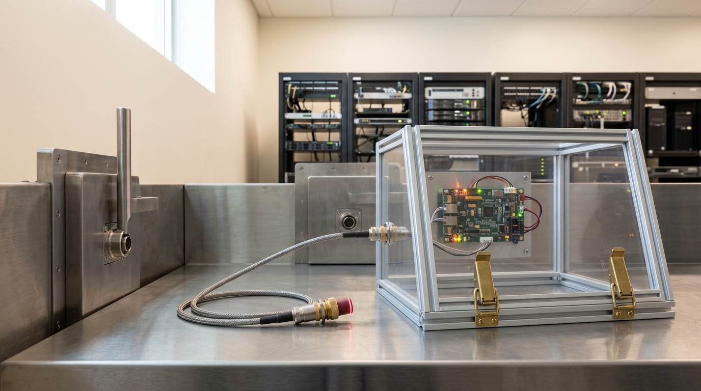 A clear isolation hood over a small suspect circuit module on a bright lab bench, its instrument lead reaching toward a closed steel gate set into the bulkhead behind it, one latch of the hood still standing open