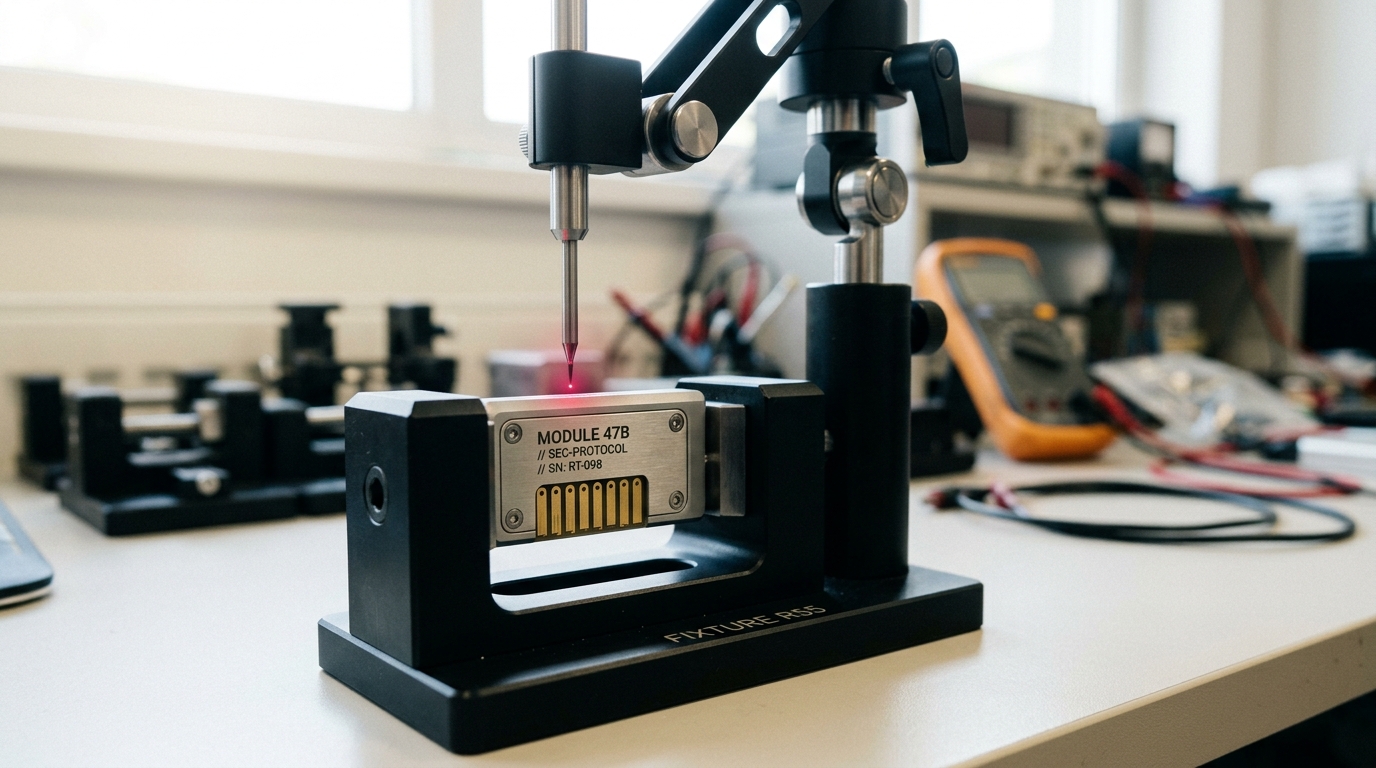 A contact-probe arm on an articulated stand lowering toward the nameplate of a small module clamped in a bench fixture, its tip a hair's width above the plate's contact pads
