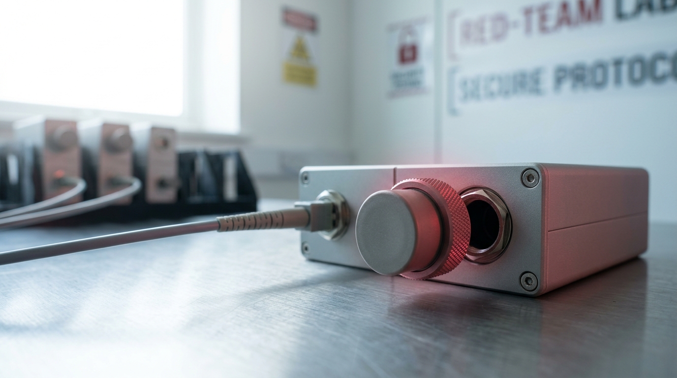 A one-way data-diode unit on a bench with fibre running through its forward port, and a blanking plug being pressed into its unused reverse port beside it