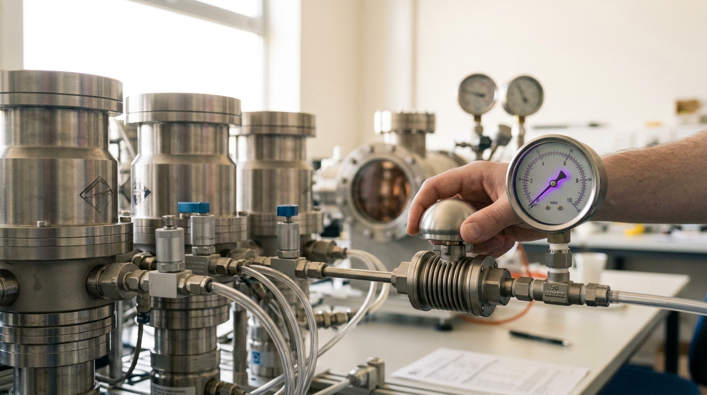 A vacuum pumping and hydrogen buffer-gas manifold beside an EUV source test chamber, one gauge needle sweeping through its scale and a bellows valve caught half-open on the hydrogen supply line