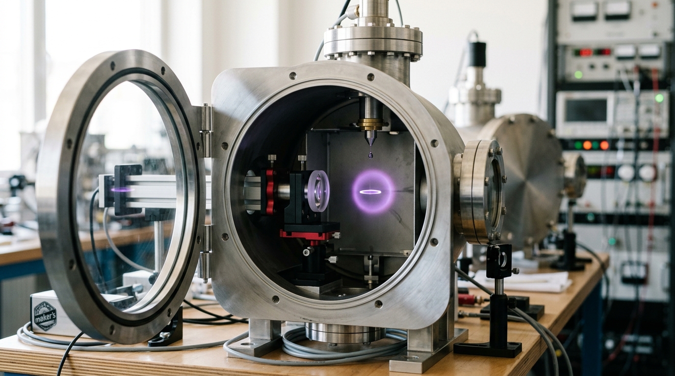 A vacuum test chamber for a laser-driven tin-droplet EUV source, showing a flattened tin droplet mid-fall between the prepulse and the main laser pulse, viewports and droplet-generator nozzle around it