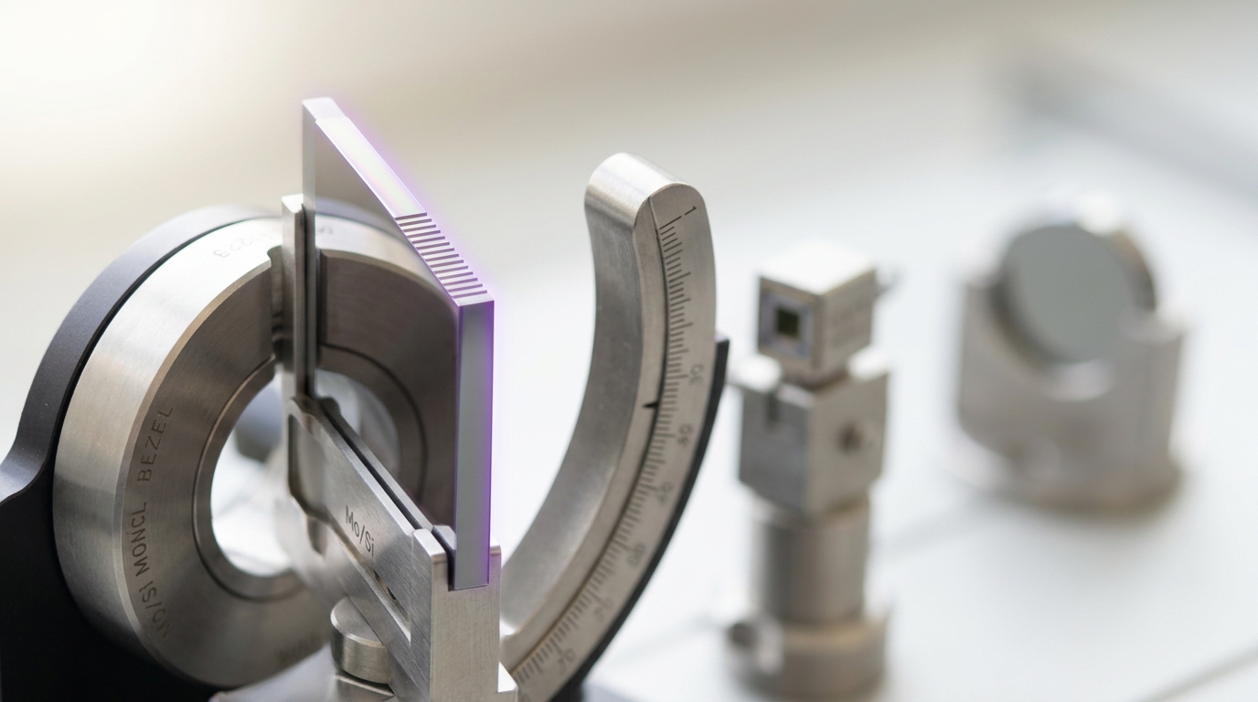 A Mo/Si multilayer mirror witness sample held in a goniometer stage for EUV reflectometry, its faint iridescent stepped edge visible where the coating stops short of a final capping run, the stage arm not yet locked at the test angle