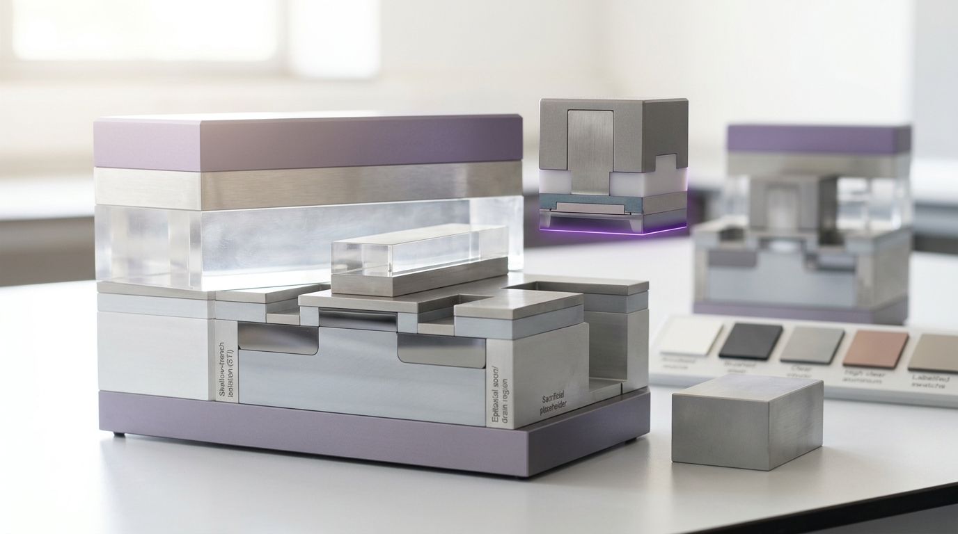 A large-scale physical cutaway teaching model of a logic transistor's layer stack on a lab bench, one machined layer block for the metal-gate module lifted just clear of its slot while the source/drain and contact layers below sit already seated