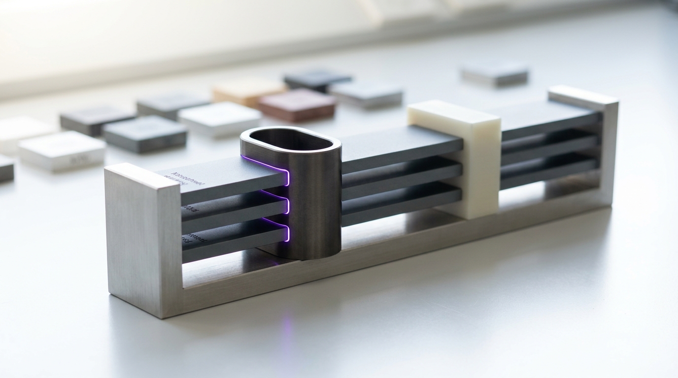 A close view of a large-scale cutaway teaching model's nanosheet transistor region, two stacked channel-sheet blocks still joined by a sacrificial spacer block on one side while the opposite side already shows the released gap wrapped by a separate gate-metal collar