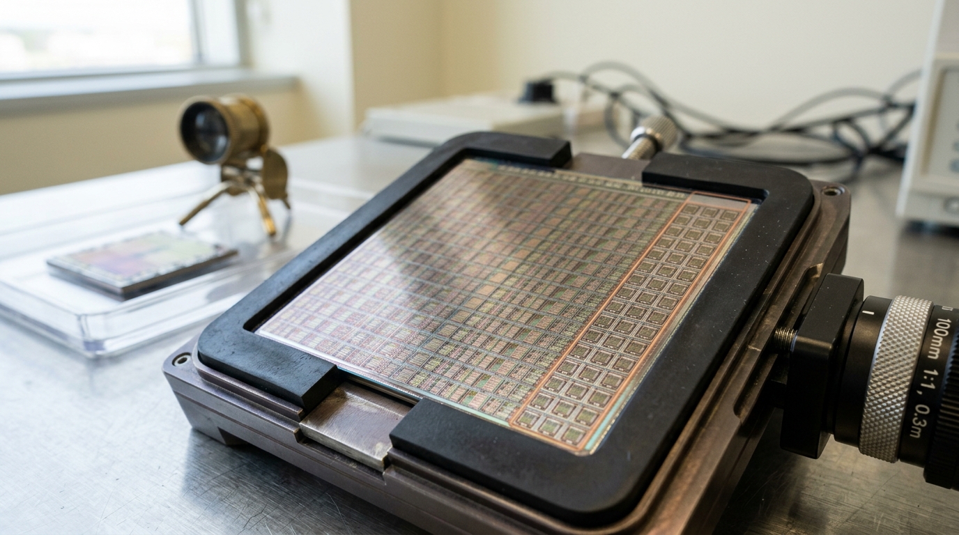 A processor die under a macro lens on a bright bench, its regular grid of processing-element cells sharp along the near rows and still resolving into focus across the far rows