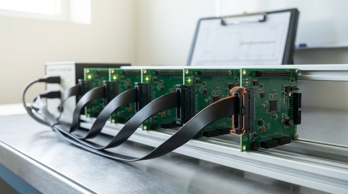 A rack of small identical evaluation boards wired to a central sequencer controller on a bright bench, one board's link cable caught mid-connect while the others already run