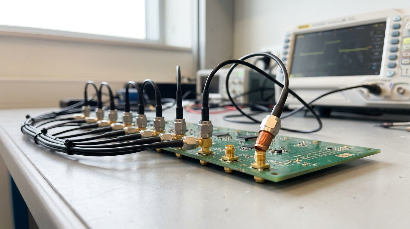 A clock-distribution timing harness on a bright bench with SMA probes landing on successive array rows, the furthest probe caught mid-connect and not yet clipped home