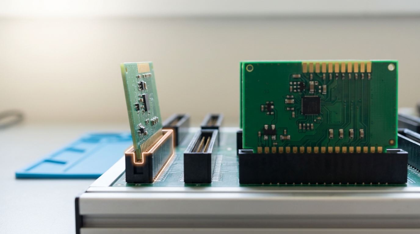 Two numeric-precision evaluation daughtercards of different widths on a riser bench, the narrower card caught half-seated into its slot beside the wider card already fully home