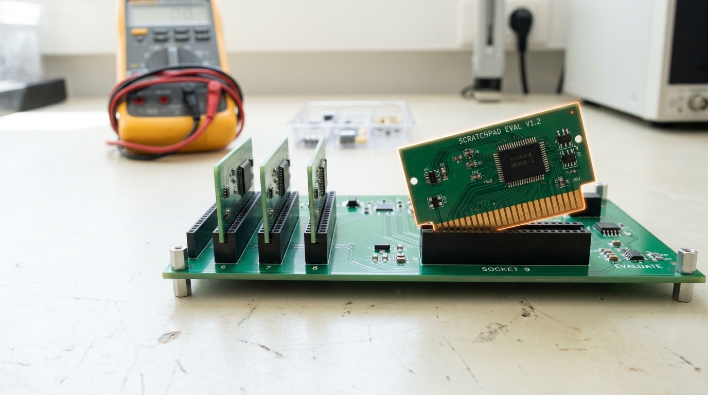 A scratchpad memory evaluation card caught part-way into its carrier board socket on a bright bench, its card-edge connector still standing proud of the slot