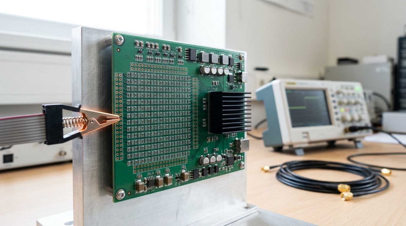 An FPGA systolic-array prototyping board on a bright lab bench with a logic-analyser probe clip caught mid-close onto a row of test points along the array region, its jaws not yet fully seated
