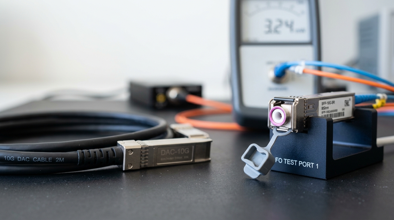 A stiff black DAC copper cable and a pluggable optical transceiver module laid side by side under a bench light source and power meter, the transceiver's dust cap caught tipped half off