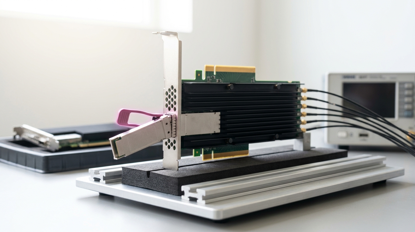 An RDMA network interface card clamped in a foam-lined test harness on a bench, one QSFP module caught half-seated in its cage port while SMA leads run to a bit-error-rate tester